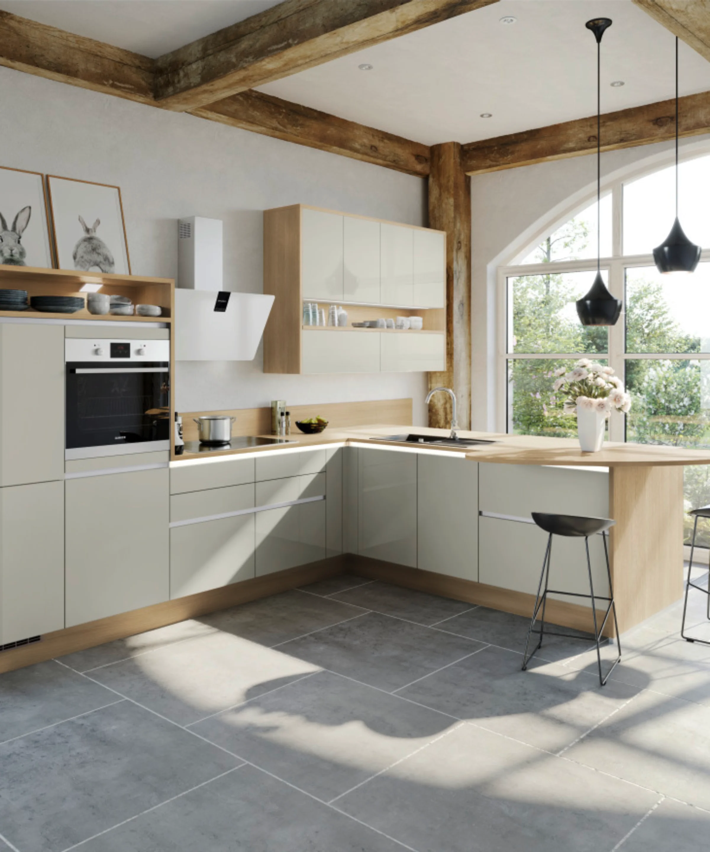 Cuisine moderne avec détails en bois et grandes fenêtres, Express Küchen.