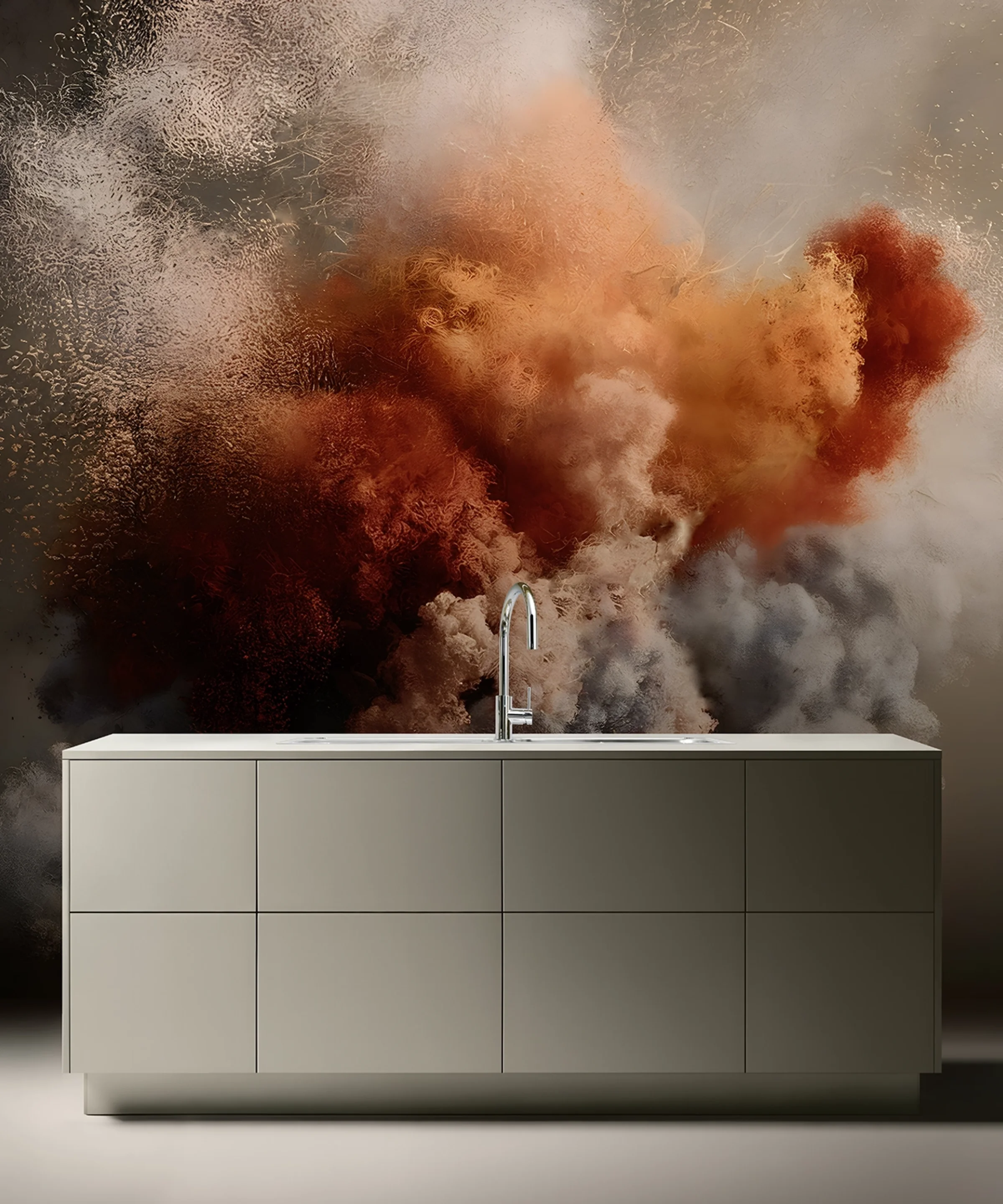 Cucina moderna con isola centrale e fumo artistico sullo sfondo, Nolte Kitchen.