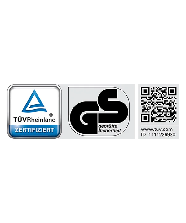Un sigillo di sicurezza certificato TÜV Rheinland e GS con codice QR.