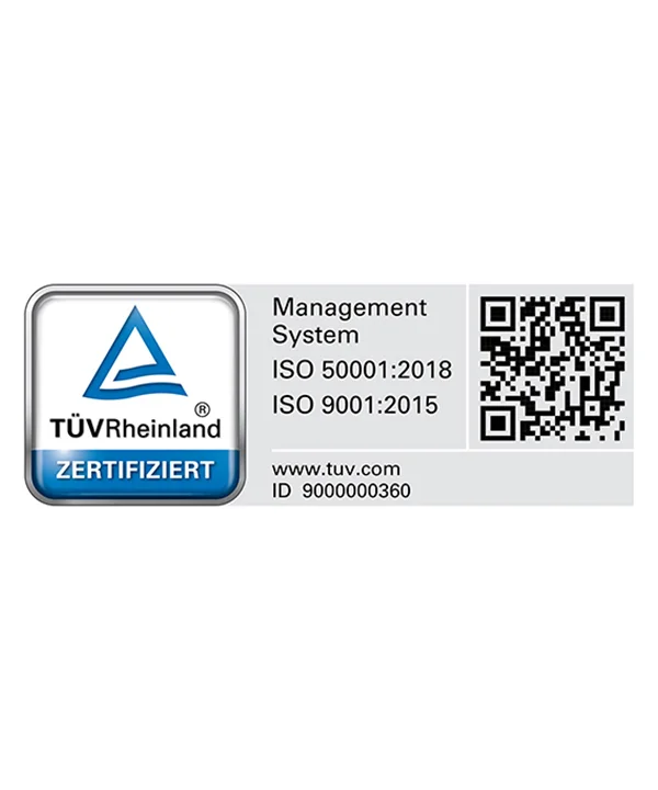 Certificato TÜV Rheinland con certificazioni ISO 50001:2018 e 9001:2015.